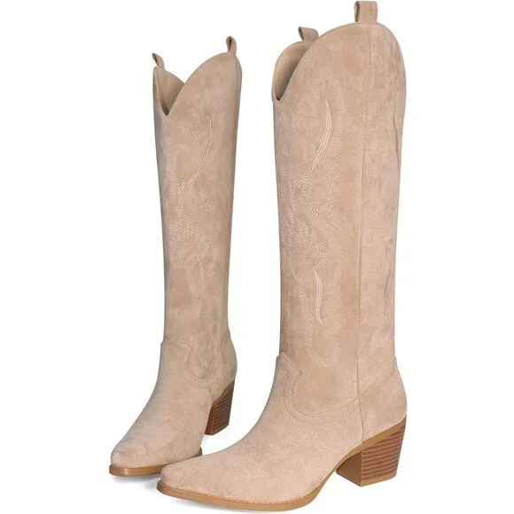 Women's Beige UBWDU Suede Cowboy Knee High Boots Pointed Toe Heel Embroidered - Picture 3 of 6
